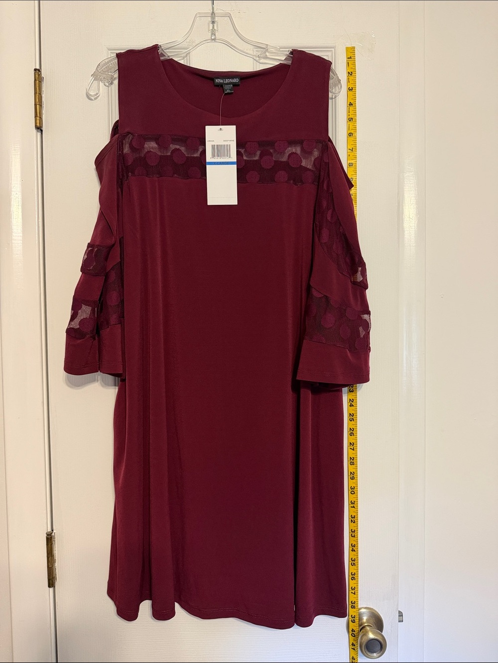 Nina Leonard Burgundy Cold-Shoulder Ruffle Dot-Trim Dress